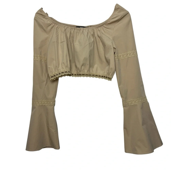 Pretty Damage Khaki Colored Long Bell Sleeve Cropped Shirt Women's Size Small - Picture 1 of 7